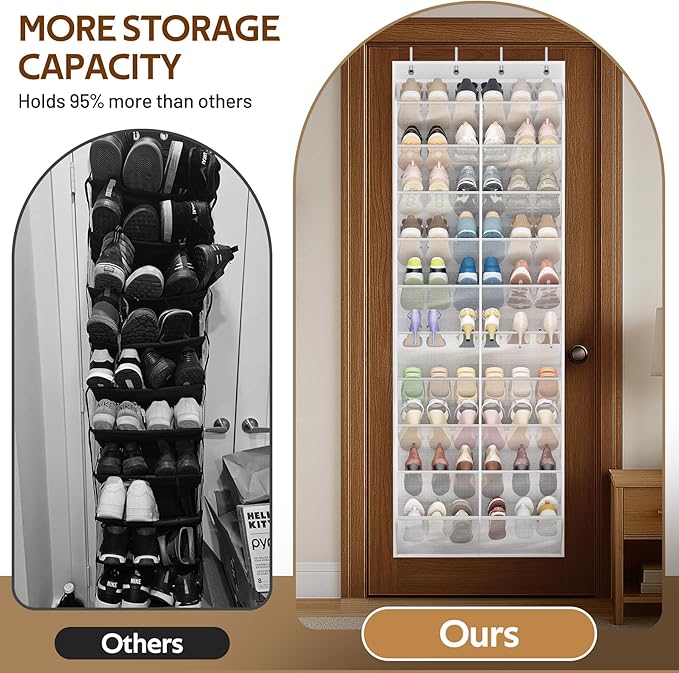 MISSLO 30 Pairs Over the Door Shoe Organizer Breathable Mesh Hanging Shoe Rack for Closet Storage with Wide Deep Pockets 10 Tier Shoes Holder Fit All the Family's Sneakers, Boots, Heels (White, 71")