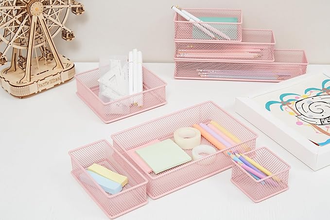 Annova Mesh Stackable Drawer Cabinet and Shelf Organizer Bins Storage Basket School Office Supply Holder Tray- Set of 2 (Light Pink, 6x9x2 Inch)