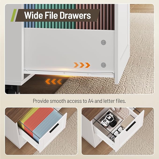 Lateral File Cabinet, Printer Stand with File Drawers and Open Shelves, 2-Drawer Mobile Lateral Filing Cabinet with Locking Casters, for Home Office Storage, Walnut and White