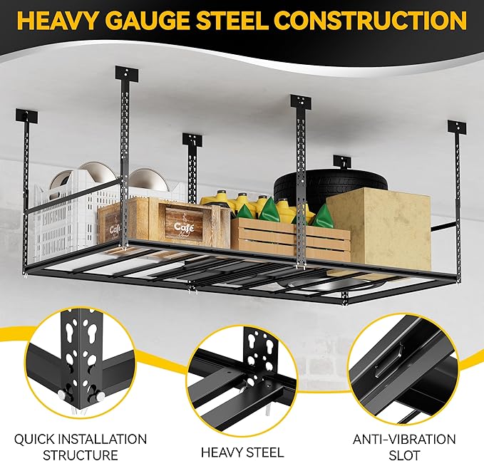 3x6 Ft Overhead Garage Storage Rack, 28-41 inch Height Adjustable Ceiling Mounted Organization Rack, 700 lbs Weight Capacity, 36"x72" Metal Rack for Garage Storage with Hanging Rods