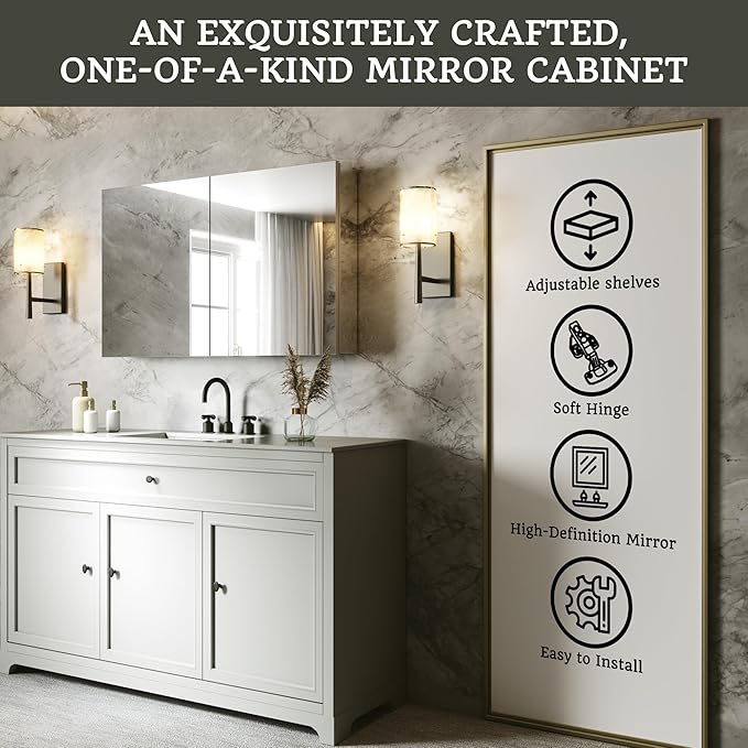 40x24 Bathroom Medicine Cabinet with Mirror,Aluminum Alloy Frame with Mirror Side Panels,Surface Medicine Cabinet with Adjustable Shelves,Assembly Required