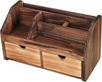 Rustic Torched Dark Brown Wood Desk Organizer Wooden Tabletop Stationery Holder Multiple Compartments Slots 2 Drawers Storage Cabinet Office Supplies Makeup Accessory Sorter Display Box Home