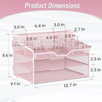 3 Tier Mesh Desk Organizer,Multi Functional Letter Paper Tray with 3 Pen Holders and 5 Adjustable Storage Compartments for Office Supplies Files and Mail Space Saving Desktop Organizer-Pink