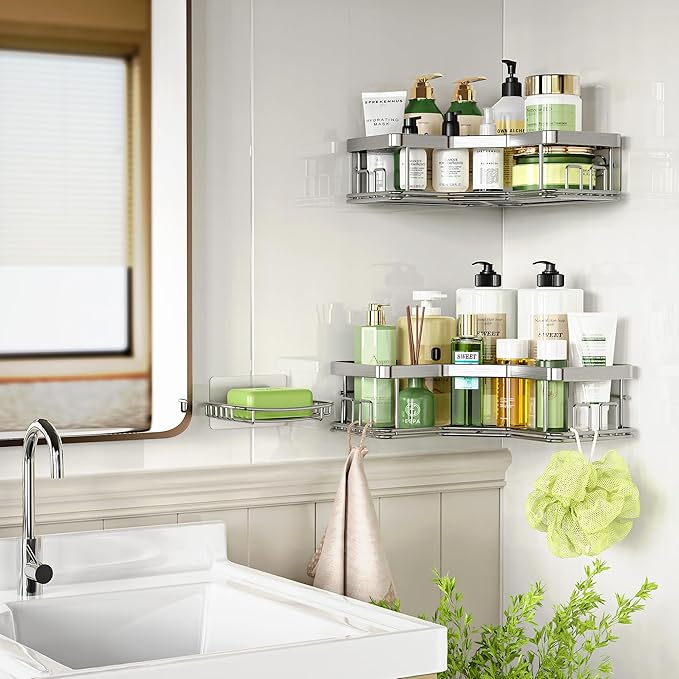 MAXIFFE 3 Pack X-Large Corner Shower Caddy with Soap Holder, Large Capacity Easy Install No Drilling Stainless Steel Sturdy Hold 40 LB Shower Organizer Shelves Rack for Family Renters Bathroom, Silver