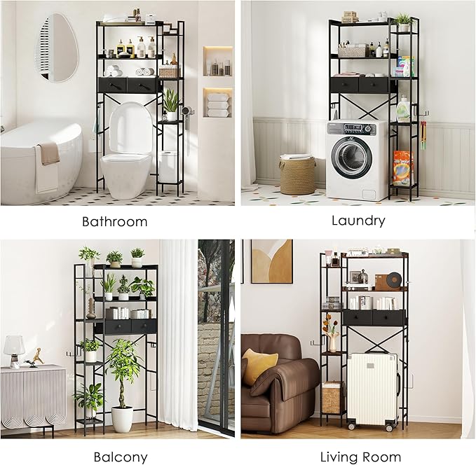 Over The Toilet Storage Shelf with Drawers, 7 Tier Above Toilet Bathroom Organizer Rack with Adjustable Shelves, Space Saver Stand Behind Toilet with Paper Holder & Hooks for Laundry, Black