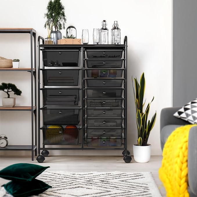 Simple Houseware Utility Cart with 15 Drawers Rolling Storage Art Craft Organizer, Black