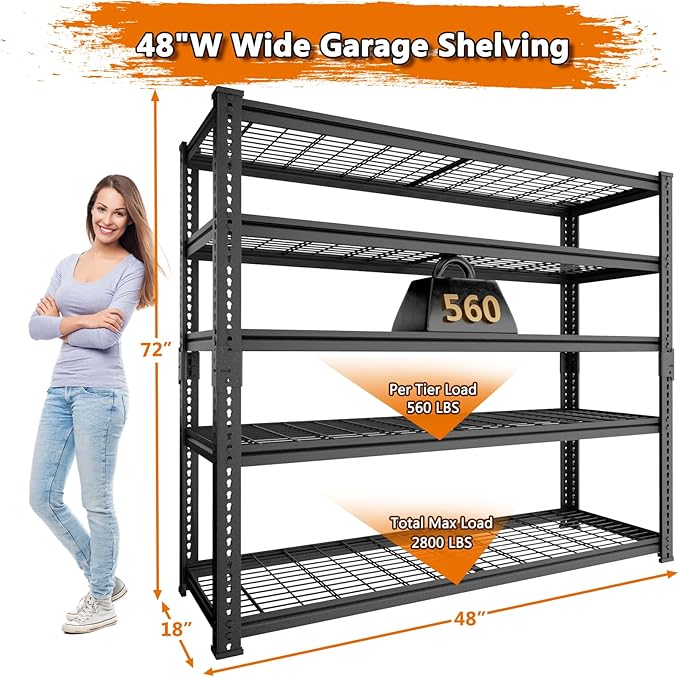 Storage Shelves Heavy Duty, 4 PCS 48" L x 18" W x 72" H Garage Wire Shelving Unit Loads 2800LBS, 5-tier Adjustable Metal Industrial Utility Shelf Rack for Kitchen, Laundry Room, Warehouse, Basement