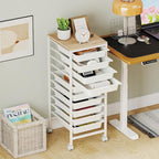 GOFLAME 10-Drawer Rolling Storage Cart, Craft Storage Cart with Wooden Tabletop and Lockable Wheels, Art Cart Supply Storage Organizer with Metal Frame for Home Office Classroom, White