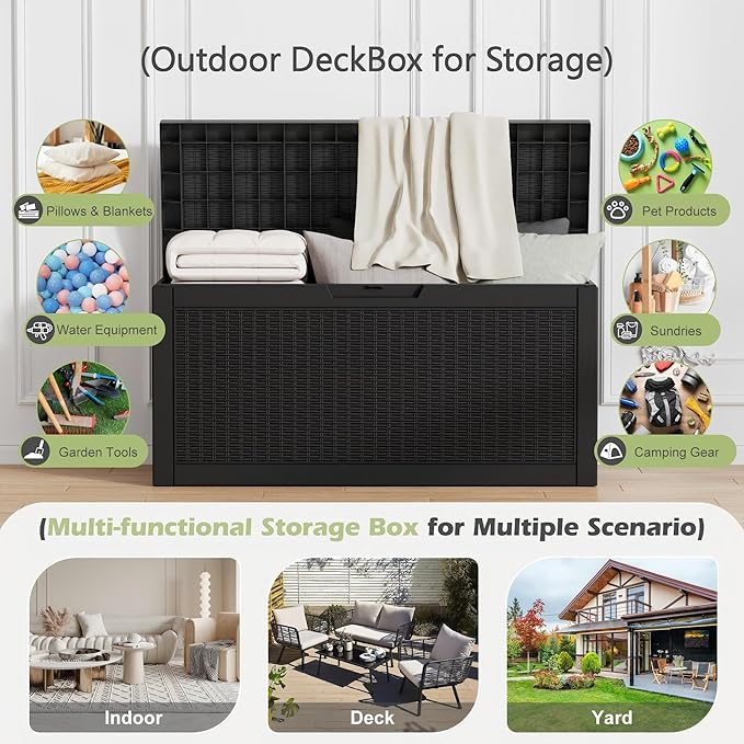 72 Gallon Outdoor Storage Box, Resin Deck Boxes Outdoor Waterproof For Patio Furniture, Garden Tools, Pool Supplies, Lockable And UV Resistant (Rattan Black)