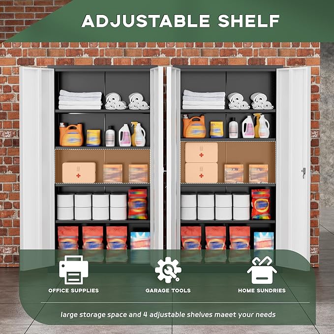 Greenvelly Metal Garage Storage Cabinet with Doors and Adjustable Shelves,72" Steel Lockable File Cabinet for Home Office,Garage,School(Black Grey,36" W x 18" D)