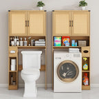 Vabches Over The Toilet Storage Cabinet, Farmhouse Rattan Storage Cabinet Over Toilet with 2 Rattan Barn Doors & Home Space-Saving Toilet Rack, for Bathroom, Restroom, Laundry