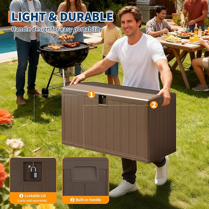 Garvee 130 gal Deck Box, Lockable Outdoor Storage Box with Lid, All-Weather Outdoor Storage Bin with Side Handles for Patio Furniture, Pool Accessories, Gardening Tool, Brown