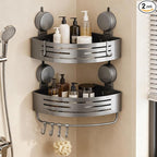 Corner Shower Caddy Bathroom Organizer,2-Packed Gray No-Drilling Aluminum Suction Cup Corner Shower Shelf with Towel Bar and Hooks,Moder Wall Shower Organizer and Storage Decor