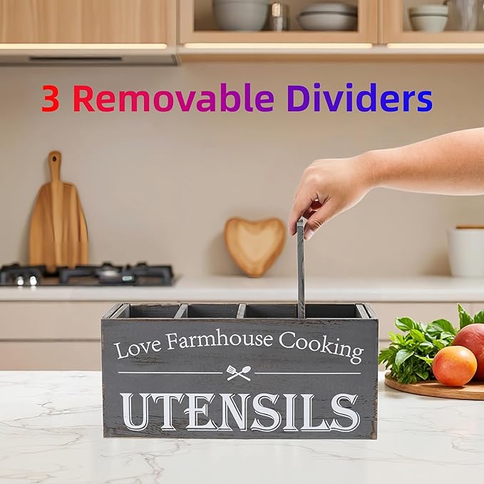 Utensil Holder,Extra Large Wooden Utensil Holder For Kitchen Counter,Cooking Spatula Organizer,Big Storage Caddy With 4 Compartments Flatware Spoon Tool Cutlery（Grey）