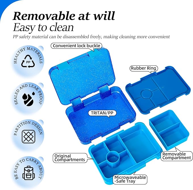 Bento Lunch Box for Kids, 6 Compartments BPA Free, Dishwasher Safe Back to School Snack Bento Lunch Containers Boxes, Ideal Portion Sizes for On-the-Go Meal, Shiny Blue