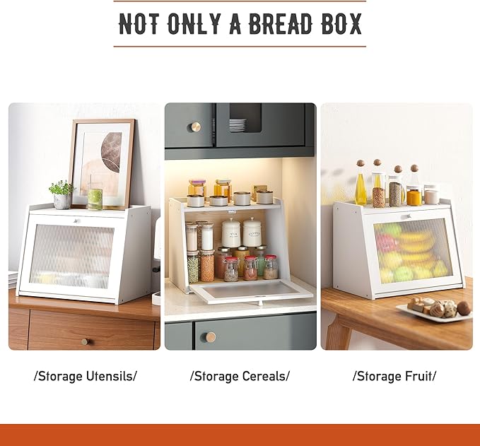 GHWIE Large Bread Box, Easy Access & Cleaning - Bamboo Bread Box for Kitchen Countertop with Acrylic Door (White, Large)