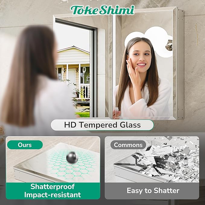TokeShimi 15 x 26 Recessed Medicine Cabinet with Tempered Beveled Mirror, Assembly Required, Silver Medicine Cabinet for Bathroom, Stepless Adjustable Shelves, DTC Hinge
