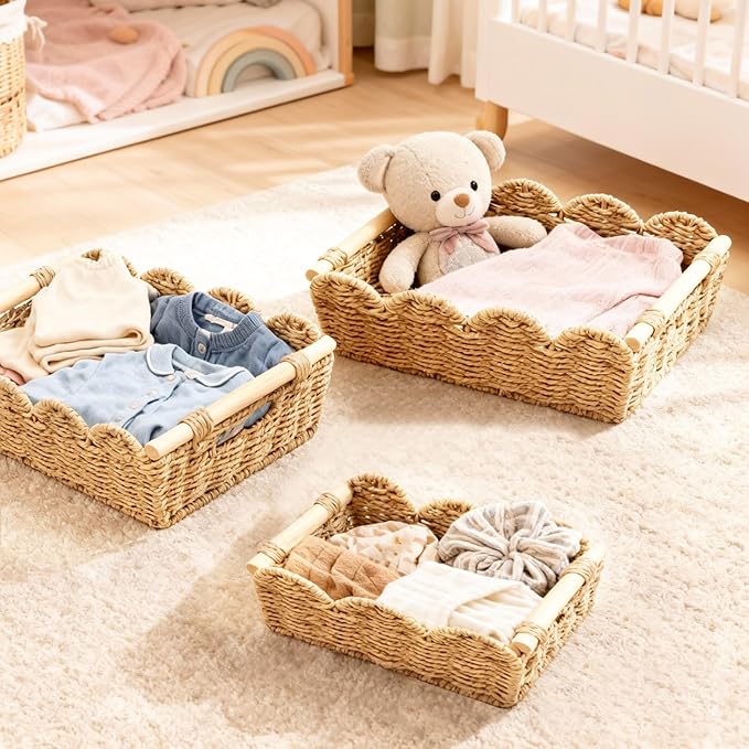 3 Pack Scalloped Edge Basket with Wood Handle, Wicker Woven Storage Basket Small Wicker Baskets Toilet Paper Baskets Paper Rope for Nursery & Bathroom Organization, 3 Size