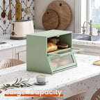 GHWIE Double Layer Bamboo Bread Box for Kitchen Counter,Large Capacity Bread Storage Bin,Bread Container with Acrylic Wavy Door Panel (Light Green, Medium)