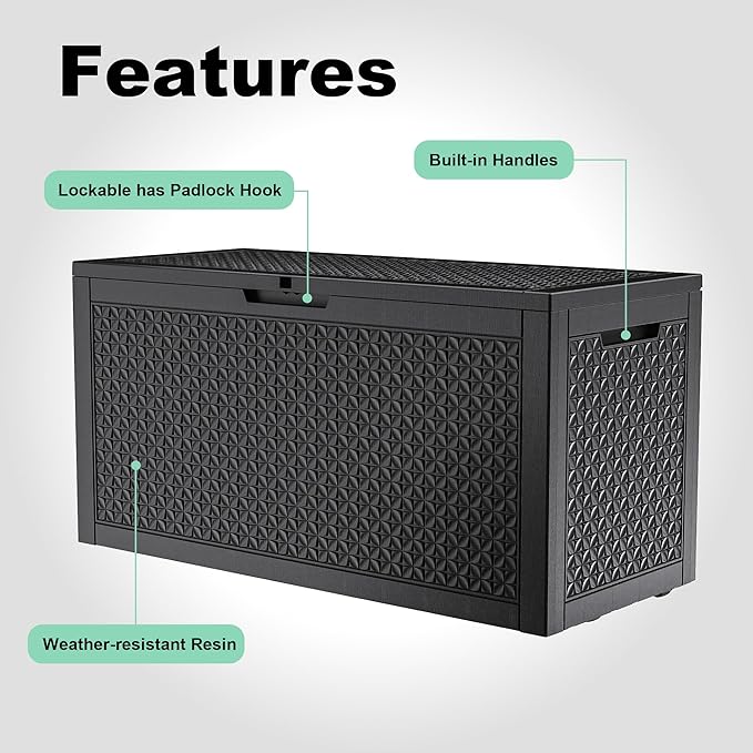 110 Gallon Outdoor Storage Box,Large Waterproof Resin Deck Box,Lockable Storage Container with Reinforced Support for Patio Cushions,Garden Tools,UV-Resistant(Black,110Gallon)