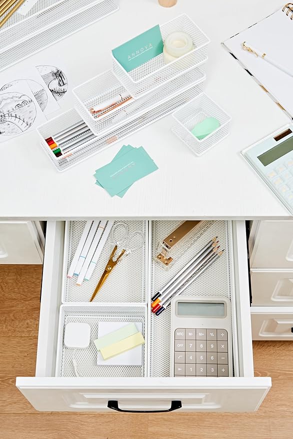 Annova Mesh Stackable Drawer Cabinet and Shelf Organizer Bins Storage Basket School Office Supply Holder Tray- Set of 2 (White, 6x9x2 Inch)