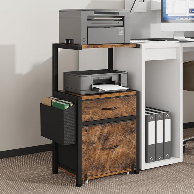 Filing Cabinet with 2-Tier Printer Shelves, 2 Fabric Drawers File Cabinet with Side Bag&File Drawer for A4/Letter Size, Printer Stand with Storage for Home Office, Rustic Brown, 16.5" W