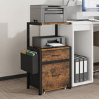 Filing Cabinet with 2-Tier Printer Shelves, 2 Fabric Drawers File Cabinet with Side Bag&File Drawer for A4/Letter Size, Printer Stand with Storage for Home Office, Rustic Brown, 16.5" W