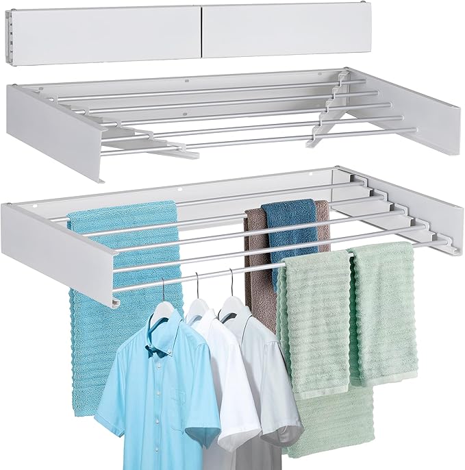 FOCHIER F Laundry Drying Rack Wall Mounted Clothes Drying Rack Collapsible with 5 Aluminum Rods and Drilling Template Long Screwdriver Bit 60 lbs Capacity (White, 40")
