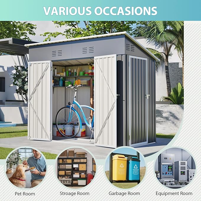 4x8 FT Outdoor Storage Shed,Slope Roof Storage Metal Garden Shed Steel with Reinforced Beams,All Weather Waterproof Garden Tool House W/Lockable Door & 4 Air Vents,for Backyard,Patio,Lawn,Grey