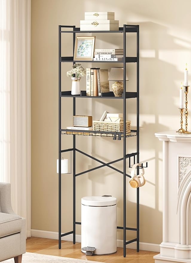 4 Tier Over The Toilet Storage Shelf with 3 Adjustable Shelves, Space Saver Bathroom Organizer with 4 Hooks, Freestanding Above Toilet Rack for Restroom Laundry (Black)