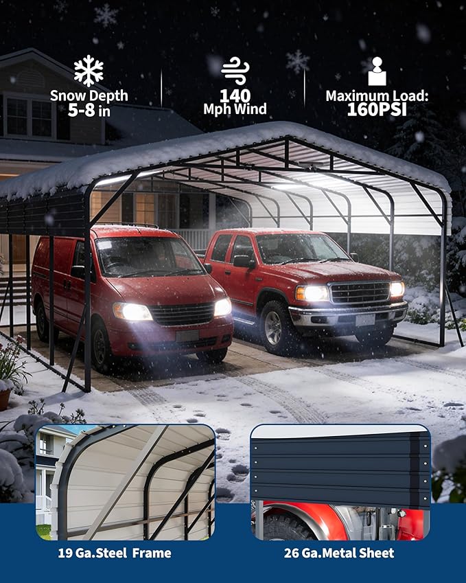 20x25FT Heavy Duty Metal Carport,Outdoor Portable Car Garage w/Led Light,Removable PE SideReinforced Base & Galvanized Steel Roof, Outdoor Car Port Canopy Shelter for Boats, Full-Sized Pickup Trucks