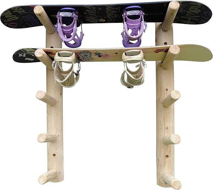 5-Place Wall-Mounted Skis/Snowboard Log Rack - Poles & Ski Wall Mount, Snowboards Wall Rack, Indoor & Outdoor Ski Holders for Walls, Hangers for Skis Indoor Storage - Unfinished