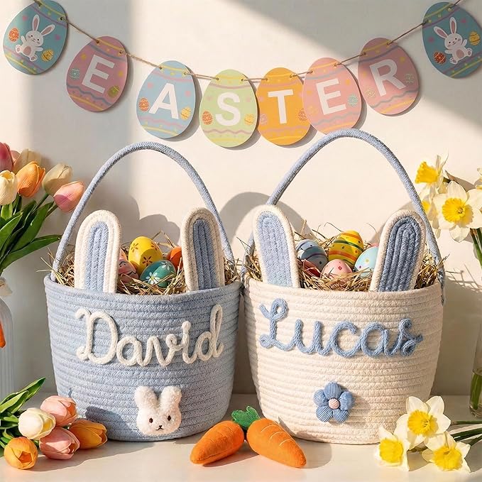 Personalized Embroidered Baby Easter Basket with Name, Custom Bunny Baskets Egg Hunt for Kids, Baby Easter Gift, Egg Hunt Basket for Kids, Boys, Girls A2