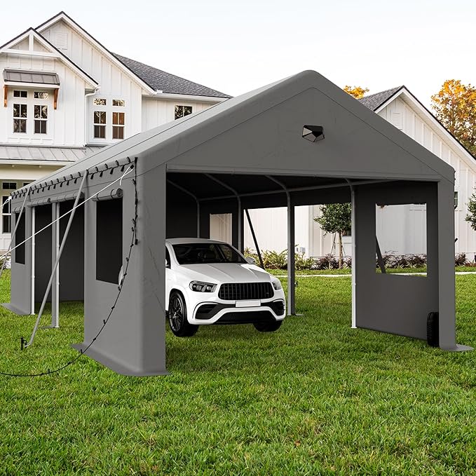 Carports Canopy Heavy Duty, Portable Garage with Sidewalls and Side Doors (13x25, Grey)