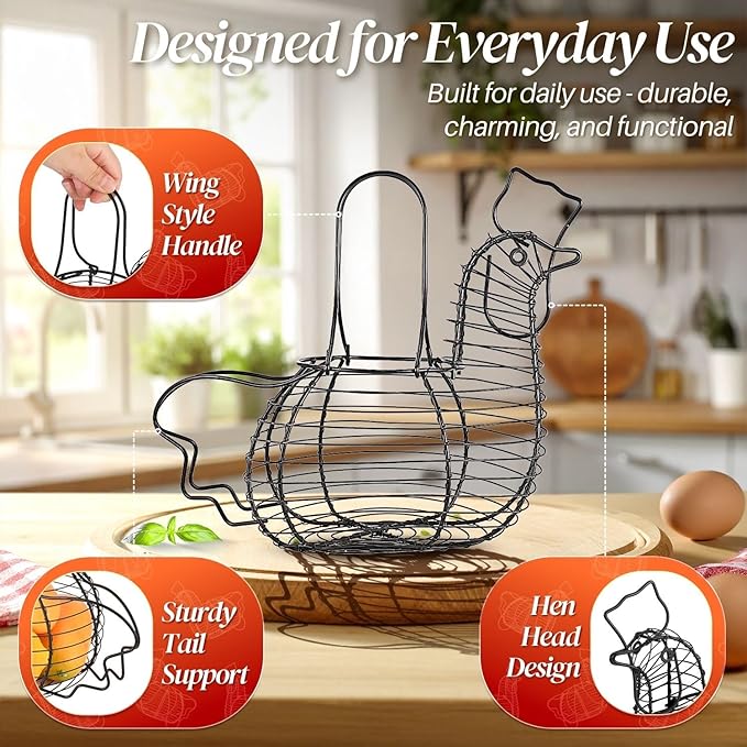 Flexzion Chicken Egg Holder, Black, Rectangular Wire Basket with Handle for Eggs, Fruits, Vegetables, Countertop, Farmhouse Rustic Style