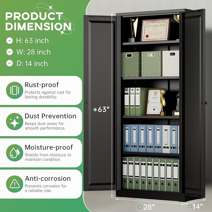 INTERGREAT Metal Storage Cabinet with Magnetic Doors, 63" H Traditional European Style Metal Cabinets with 2 Doors and 4 Adjustable Shelves for Home Office, Kitchen, Bathroom (Black)