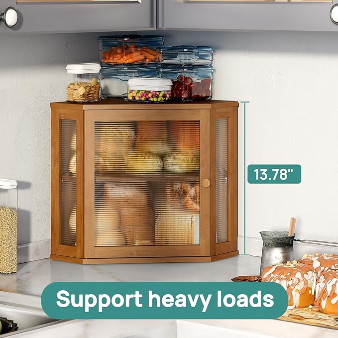 Corner Bread Box for Kitchen Counter, Bamboo Wood Large Capacity Bread Storage Bin with Acrylic Wavy Door Panel (Brown, Meduim)