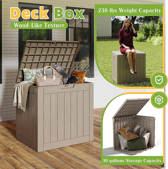 30 Gallon Resin Deck Box Outdoor Storage Box for Patio Furniture,Outdoor Cushions,Garden Tools and Pool Supplies,Waterproof,Lockable(Grey,30Gallon)