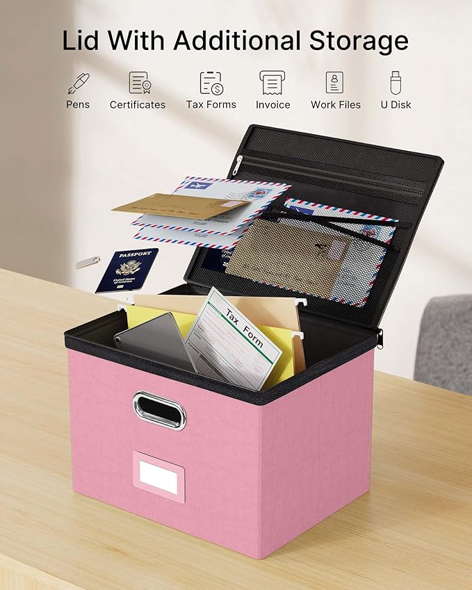 Oterri 2 Pack Large File Organizer Boxes with Lids, File Box with Mesh Pockets, Document Organizer Box for Legal/Letter Size Folders, Zippers Important Document Organizer (Pink, Without Folders)