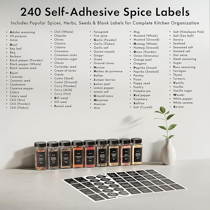 Glass Spice Jars with Label and Black Lids (36 x 4oz) Spice Containers with 240 Labels, Shaker Inserts, Steel Funnel, Empty Square Empty Square Seasoning Organizer
