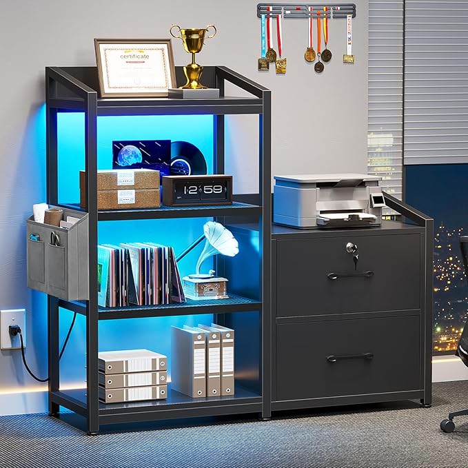 SEDETA 35.4” File Cabinet, Filing Cabinet fits Letter/A4 Size, 2 Drawe File Cabinets for Home Office with Power Strip, LED Lights, Lock, Open Shelf, Black
