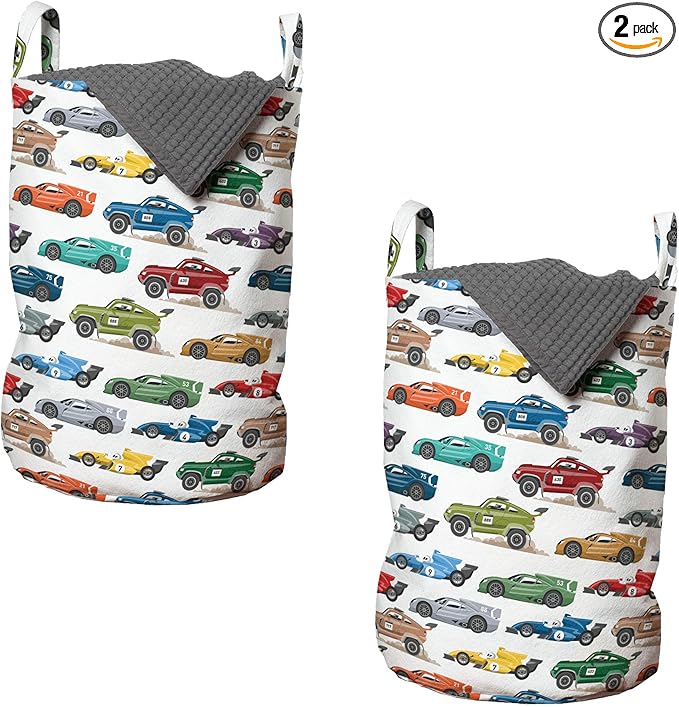 Ambesonne Race Car Laundry Bag Pack of 2, Diagonally Arranged Colorful Various Vehicles Speeding Uphill on a Plain Backdrop, Hamper Basket with Handles Drawstring Closure, 13" x 19", Green Red