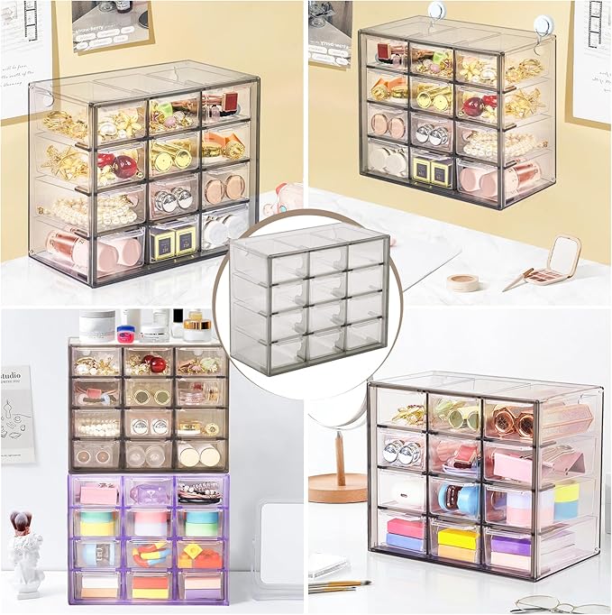 Desk Storage Organizer with 12 Mini Drawers, Clear Desktop Craft Drawer Cabinet, Stackable Storage Box Caddy for Makeup Jewelry Office Craft Supplies (Grey)