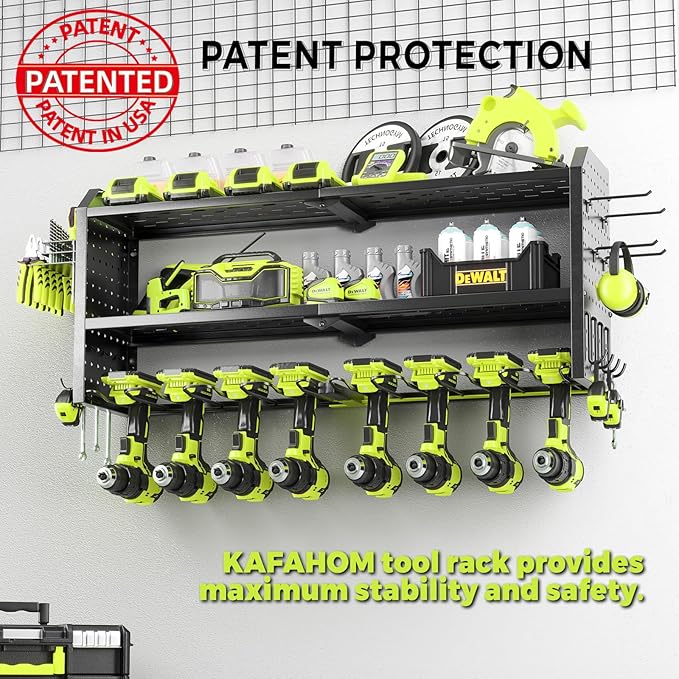 KAFAHOM Power Tool Organizer，Large 8 Drill Holder Wall Mount ，Heavy Duty Metal Tool Shelf with 12 Hooks，Storage Rack for Garage Organization，Utility Cordless Drill Holder and Battery Shelves