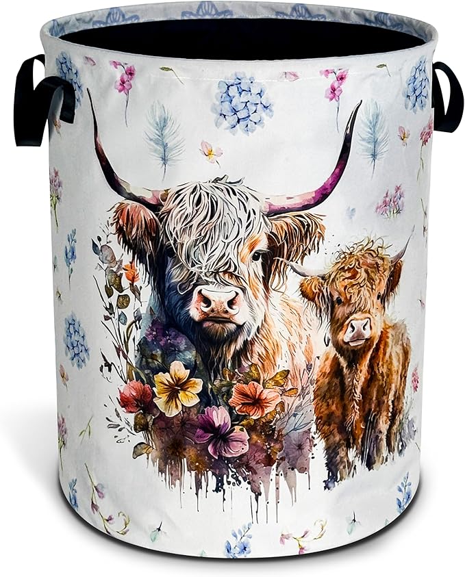Highland Cow Laundry Basket Cattle Animal Foldable Oxford Cloth Funny Tote Bag Laundry Hamper Clothes Storage Bucket Organizer For Bathroom/Laundry Storage/Bedroom 17.7x13.7 Inch