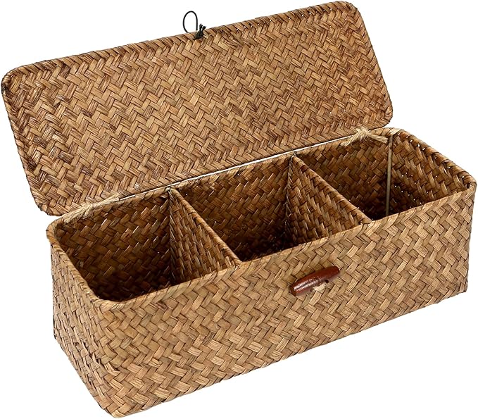 Seagrass Tank Basket with Lid with Rectangular Small Shelf Baskets Bin, Toilet Paper Basket with 3 Sections for Organize,Home Organizer Bin for Shelves Bathroom Closets Kitchen