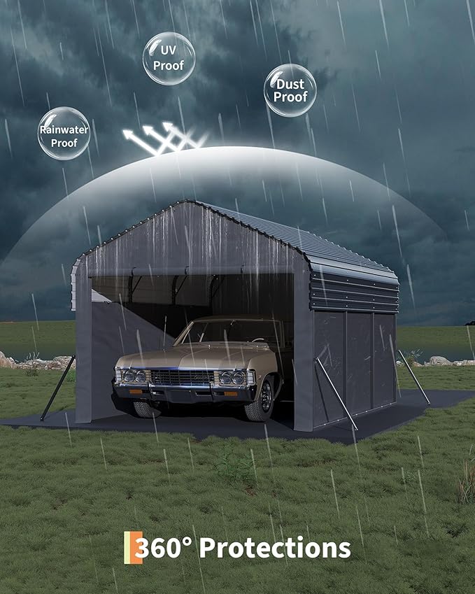 Garvee 10'X15'X9' Metal Carport, Enclosed Car Ports with Heavy Duty Steel Frame and 220 g Tarp, All-Weather Carport, for Sedans, Boats, and Tractors