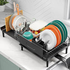 Large Extendable Dish Drying Rack, 16.93" to 26.57" Expandable Dish Rack for Kithen Counter, with Multifunctional Drainboard, Fits Any Sink, Heavy-Duty Steel Plate Drainer for Countertop Organization
