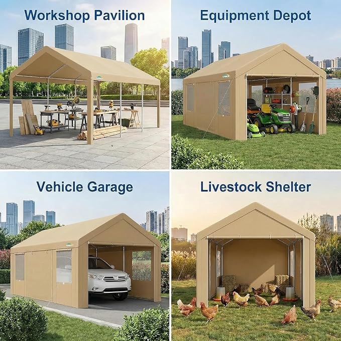 COBIZI 10x20 FT Heavy Duty Carport with Galvanized Frame, Carport Canopy with Roll-up Windows, Storage Tent with Removable Sidewalls & Doors, Built-in Sandbags for Car Boat Truck, Khaki