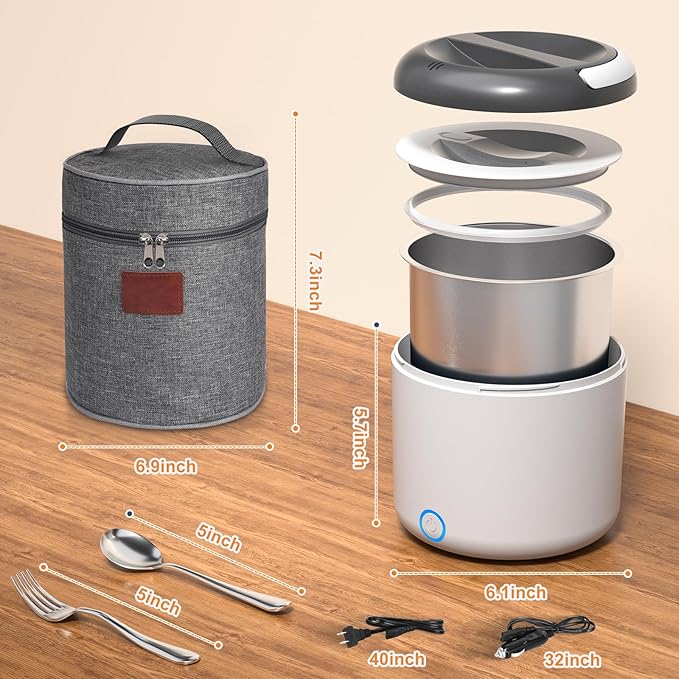 Vingud Electric Lunch Box for Adults, 1.2L/41oz, 100W Fast Heated Lunch Box, 12V/24V/110V Portable Food Heater for Car/Office Work with 304 Stainless Steel Container, White Gray
